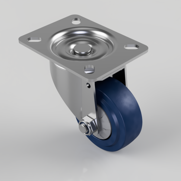 Swivel caster with a rectangular mounting plate (four holes) and a blue polyurethane wheel. Describes the wheel assembly and mounting plate.