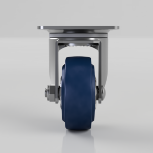 Front view of a blue caster wheel with a silver metal mounting frame.