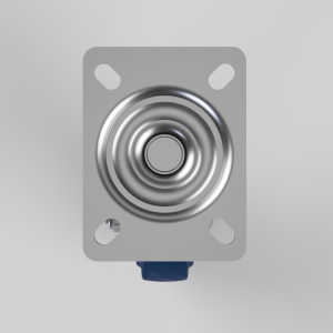 Gray mounting plate featuring a central circular, concentric metal push-button with a blue actuator at the bottom.
