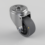 Heavy-duty swivel caster with metal housing and gray rubber wheel mounted to a bracket.
