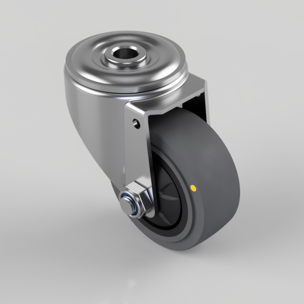 Heavy-duty swivel caster with metal housing and gray rubber wheel mounted to a bracket.