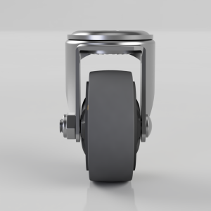 Front view of an industrial swivel caster with a gray tire and metal housing, showing the axle and mounting hardware.