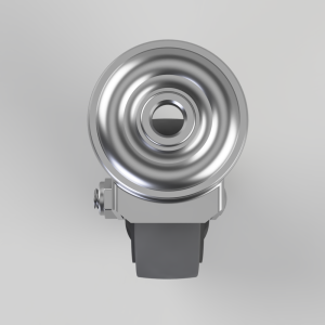 Front view of a shiny chrome circular mechanical knob with concentric rings mounted on a gray strap, seen head-on.