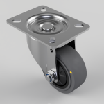 Swivel caster wheel with a square metal mounting plate (4 holes) and gray polyurethane wheel, with visible bolt and bracket hardware.