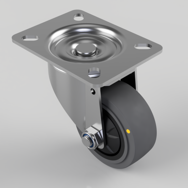 Swivel caster wheel with a square metal mounting plate (4 holes) and gray polyurethane wheel, with visible bolt and bracket hardware.