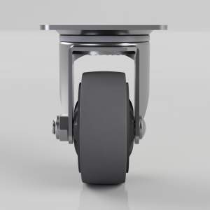 Front view of a heavy-duty caster wheel with a grey rubber wheel and metal mounting plate, showing the swivel yoke and axle bolts.