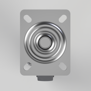 Panel-mounted metal push-button switch with a central circular actuator on a gray mounting plate.
