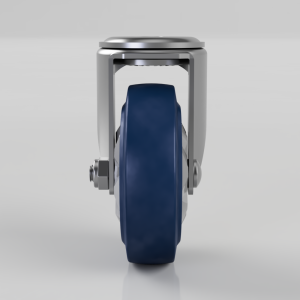 Front-facing view of a blue polyurethane wheel mounted in a silver metal caster frame.