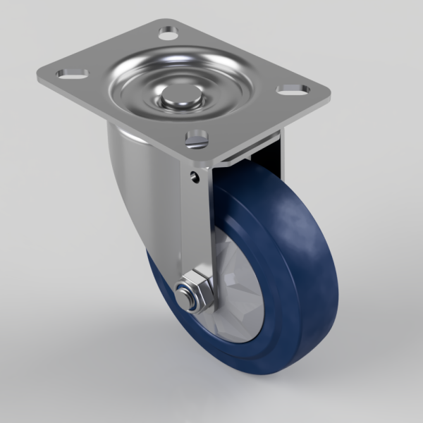 Blue caster wheel with a silver mounting plate and bracket, shown from an angled perspective to illustrate mounting holes.