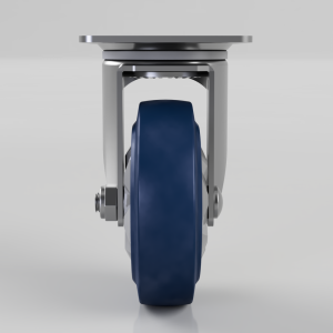 Front view of a metal swivel caster wheel with a dark blue tire and a flat top plate (industrial furniture caster)