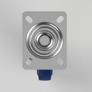 Metal pushbutton switch mounted on a square mounting plate with four screw holes and a blue actuator at the bottom
