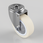Swivel caster wheel with cream polyurethane tire and metal mounting bracket, viewed at an angle on a gray background.
