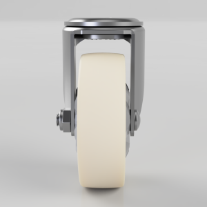 Front view of a heavy-duty caster wheel with a cream-colored tire and chrome metal frame, showing mounting bolts on the sides.