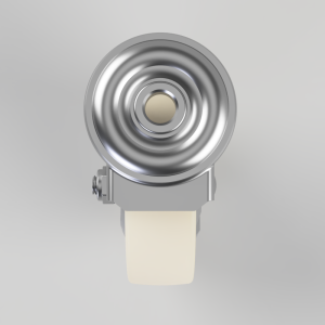 Front view of a shiny circular metal bearing or spool mounted on a gray clamp, with a beige strap beneath, against a gray gradient background.