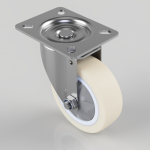Swivel caster wheel with a metal mounting plate and cream polyurethane wheel used for furniture or equipment.