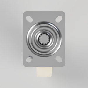Close-up of a circular metallic diaphragm mounted on a gray mounting plate with four corner holes and a beige connector at the bottom.