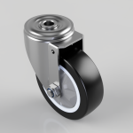 Swivel caster wheel with a metal mounting bracket and black polyurethane wheel with a white edge cap.