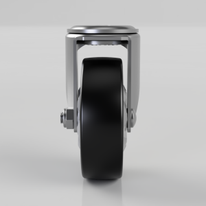 Front view of aChrome caster wheel with a black rubber tire and side bolts visible in a shiny metal frame.