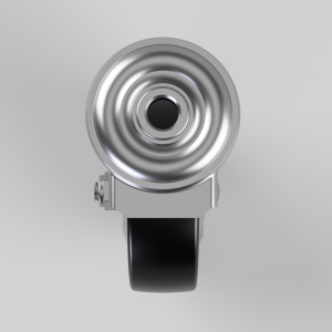 Front view of a shiny metal caster wheel with a black wheel and mounting bracket