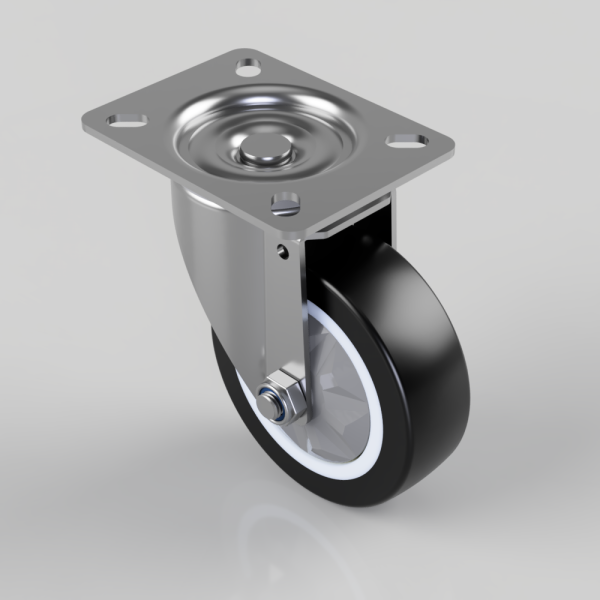 Swivel caster wheel with a square mounting plate and black rubber tire on a metal frame.
