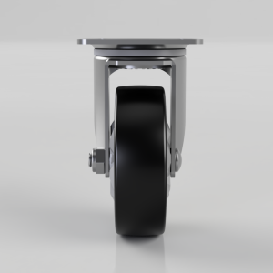 Front view of a heavy-duty caster wheel with a metal frame and black rubber wheel, mounted to a plate at the top.