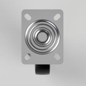 Metal push-button switch mounted on a square plate with four mounting holes and a black actuator beneath the plate
