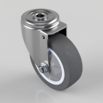 Swiveling caster wheel with gray polyurethane wheel, chrome hub, and metal mounting bracket viewed from a slight angle.