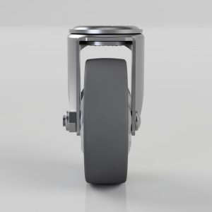 Front view of a single heavy-duty caster wheel with a gray wheel and chrome metal housing, mounted on a swivel bracket.