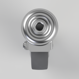 Close-up of a polished metal circular bearing-like component mounted on a gray bracket with a dark strap beneath it.