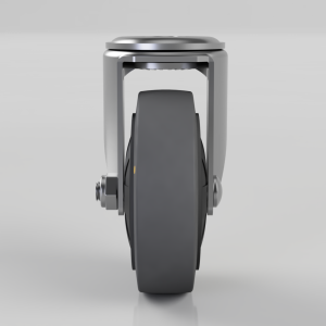 Front view of a heavy-duty swivel caster wheel with a gray rubber tire and metal fork.