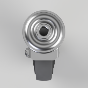 Top-down view of a metal caster wheel with a central bore and mounting housing, attached to a gray wheel fork.