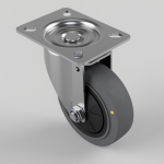Swivel caster with a square metal mounting plate (four screw holes) attached to a gray wheel, showing a bolt and nut on the side.