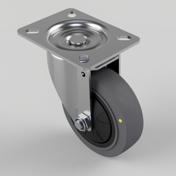 Swivel caster with a square metal mounting plate (four screw holes) attached to a gray wheel, showing a bolt and nut on the side.