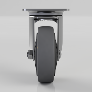 Front view of a gray industrial caster wheel with a metal fork and mounting plate