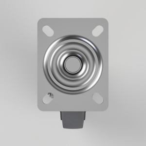 Square gray mounting plate with a large central metallic push-button switch and four mounting holes at the corners (industrial control).