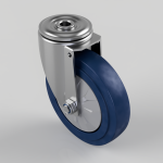 Swivel caster wheel with a blue polyurethane tire and metal mounting bracket, shown from an angled perspective.