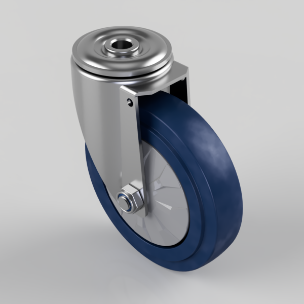Swivel caster wheel with a blue polyurethane tire and metal mounting bracket, shown from an angled perspective.