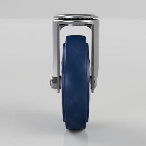 Blue polyurethane wheel mounted in a silver metal caster frame, viewed from the front.
