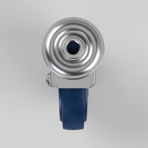 Front view of a metal swivel caster with a blue wheel and silver housing.