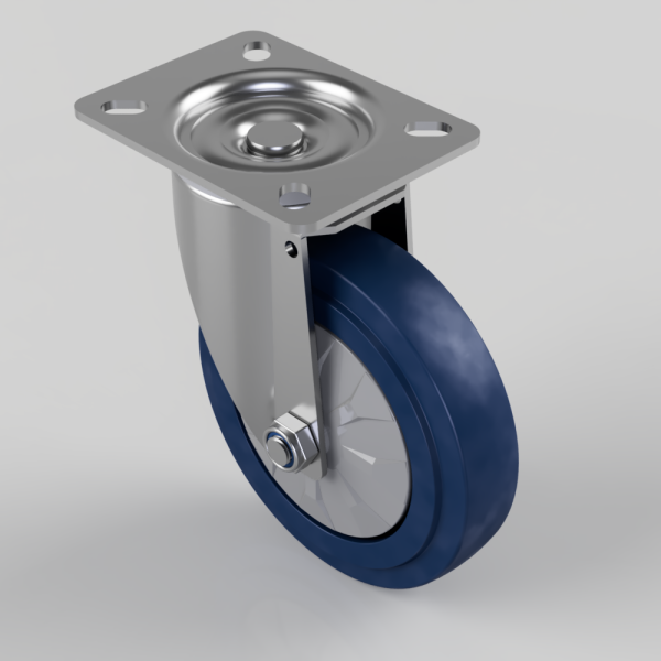 Blue polyurethane caster wheel with a metal mounting plate and swivel frame, used to move carts or equipment.