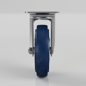 Front view of a blue wheel caster with a metal mounting frame, used for mobility on furniture or carts.