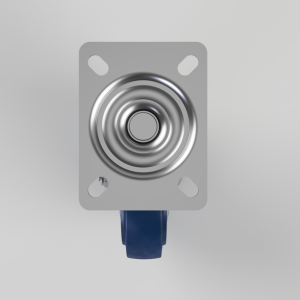 Gray rectangular mounting plate with four corner holes and a central spring-loaded push button, blue actuator below.
