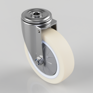 Single metal swivel caster with cream polyurethane wheel and mounting yoke.