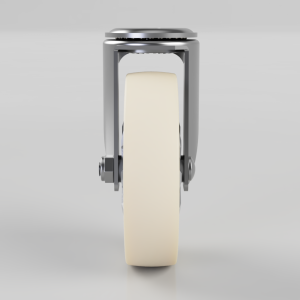 Front view of a metal furniture caster with a pale beige wheel and mounting bracket.