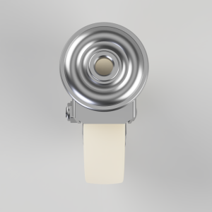 Front view of a shiny, concentric metal circular component mounted on a gray hinge above a beige watch strap.