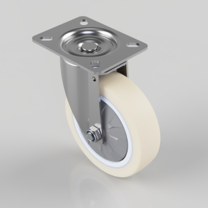 Caster wheel with square mounting plate (four screw holes) and cream polyurethane tire, attached to a chrome bracket with a central axle hub.