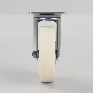 Front view of a beige wheel caster with a metal housing and mounting plate