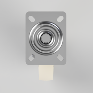 Gray rectangular mounting plate with a circular metallic push-button and a white actuator protruding downward (push button switch).