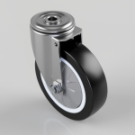 Swivel caster wheel with a black rubber tire and metal fork, showing the wheel hub and axle nut.