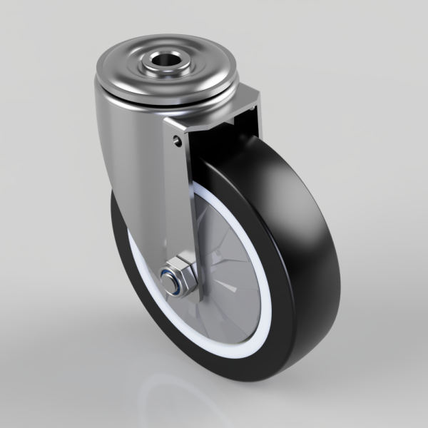 Swivel caster wheel with a black rubber tire and metal fork, showing the wheel hub and axle nut.